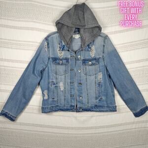 Cavalini Distressed Light Wash Denim Jacket Gray Hood Size XL